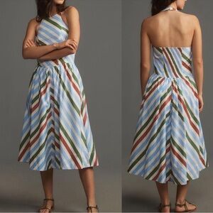 Anthropologie Maeve Halter Midi Sun Dress Green Blue Brown White Size M Medium